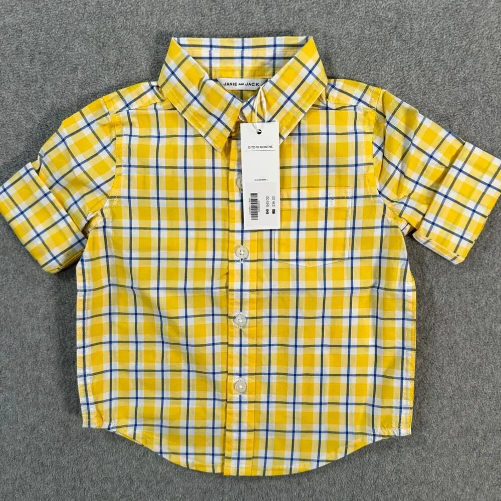 Janie and Jack Baby Boy 12-18 Months Button Down Shirt Yellow Plaid New